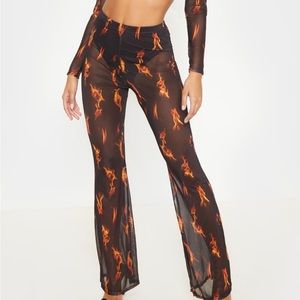 PLT Black Flame Print Mesh Flare Leg Pants